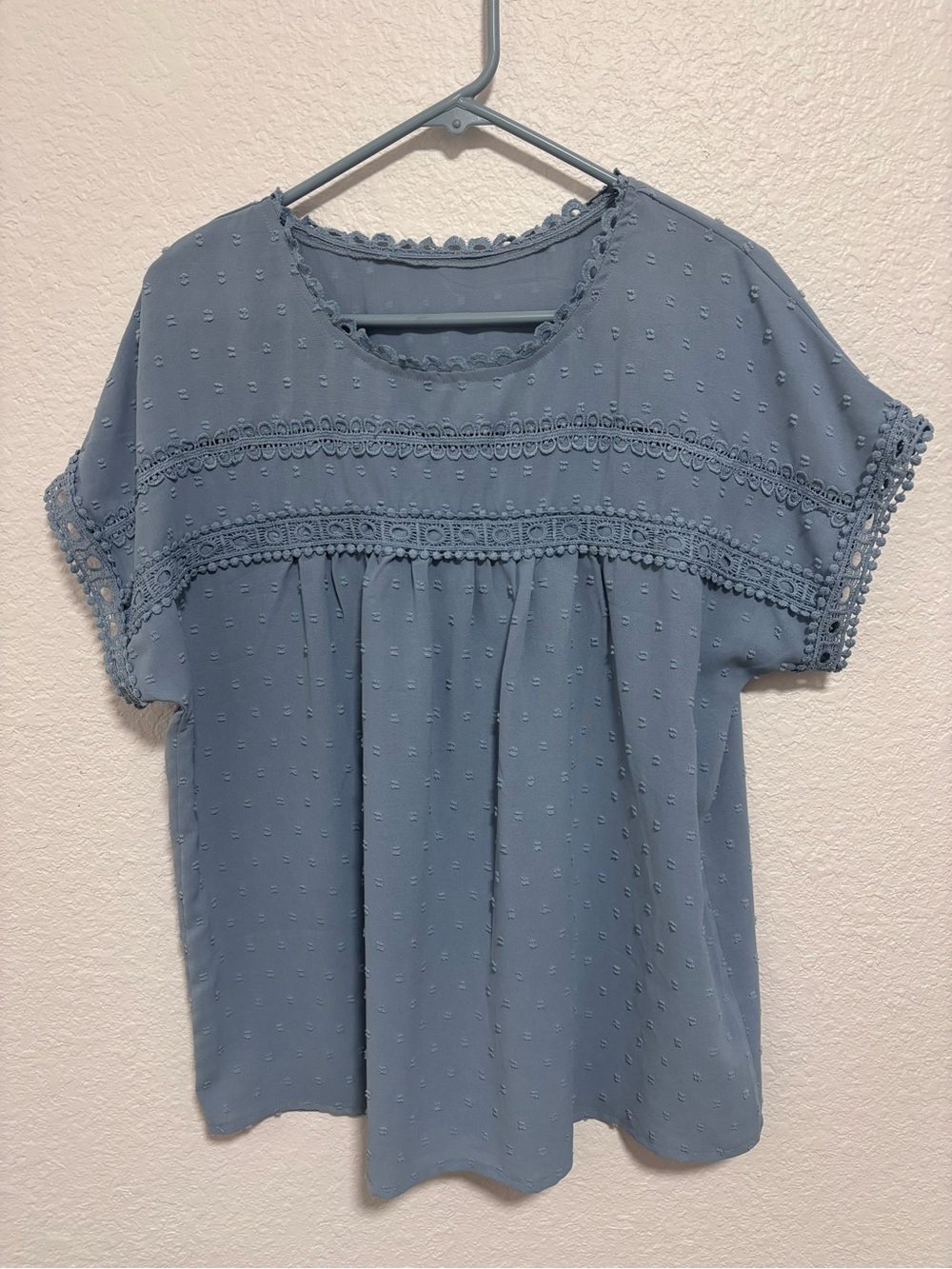 Light Blue Swiss Dot Crochet Trim Short Sleeve Top